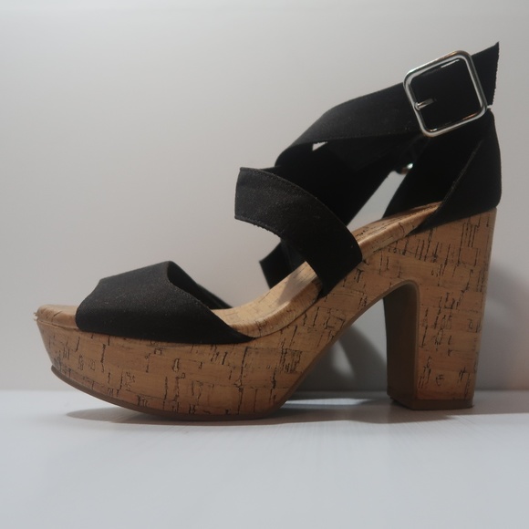 American Eagle Shoes - American Eagle Black Ankle-Strap Cork Heels Sz 7.5